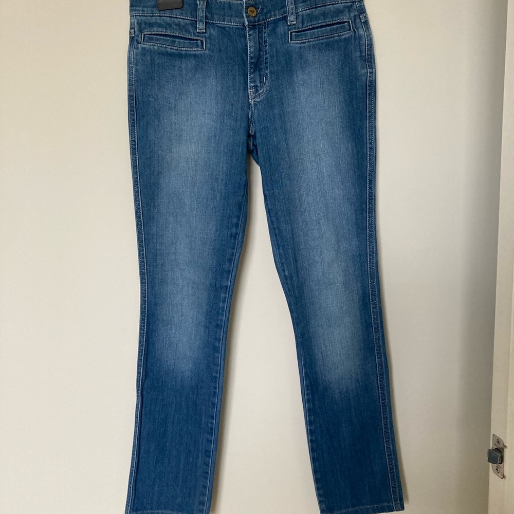 Blue Straight Leg Jeans with Classic Fade. Mid-Rise Long Slim Leg.